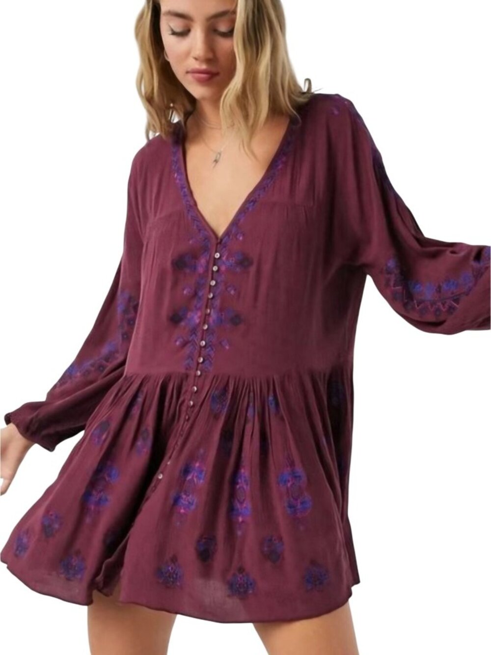 Free People Arianna Embroidered Tunic Burgundy Blue Purple Embroidery Size L
